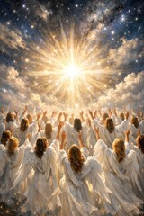Obraz premium Angelic figures worship celestial light.