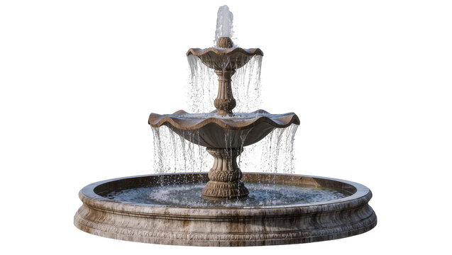 Tiered stone fountain with flowing water, isolated on transparent background