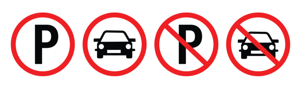 No parking vector signs set. Text P with circle icon set. parking area and no parking area icon collections symbol, vector illustration.