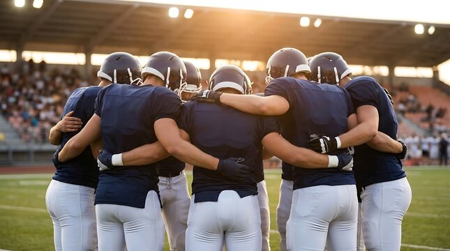 football players huddle on field at sunset teamwork sports athletes uniforms helmet photo realistic outdoor