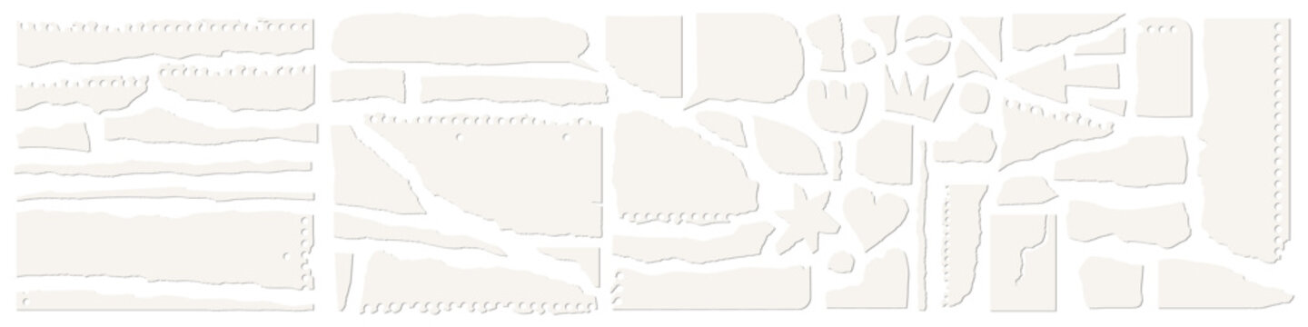 White torn paper pieces set. Off-white blank ripped paper cutouts for scrapbook. Various shapes with jagged edges for grunge zine collage. Empty banner templates with copy space. Vector illustration