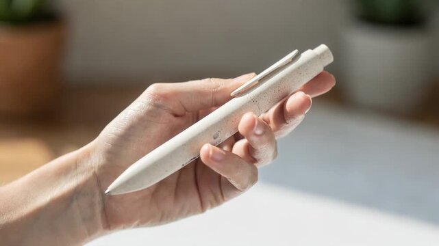 Medium shot of a hand holding a cornstarchbased biodegradable pen casing highlighting its smooth matte texture and ecofriendly properties in a bright natural light setting