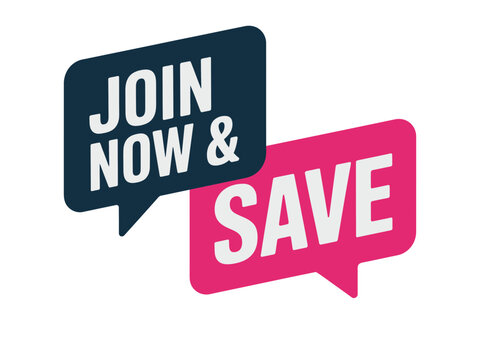 A colorful vector graphic illustration of two speech bubbles with promotional text, encouraging viewers to join and save.