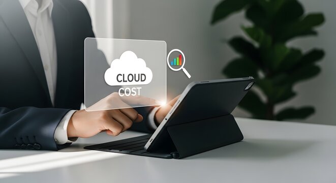 Cloud cost management analyzing expenses with tablet and data visualization