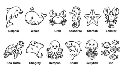 Cute Ocean Animal Outline Vector Set for Coloring Books and Printables © Kuddus