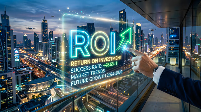 Businessman pointing at ROI Return on Investment concept on cityscape background at dusk