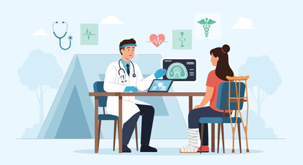 Fototapeta premium Medical Consultation: Doctor Examining X-Ray With Patient's Leg Injury Treatment