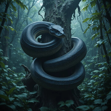 Python coiled around a tree: A large python is coiled around a tree trunk in a dark, misty forest. The python's scales are dark and textured, and its head is raised as if surveying its surroundings.