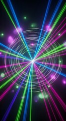 Vibrant neon laser beams radiate from a central glowing point on a dark background