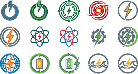 Fototapeta premium Lightning Bolt and Power Tech Icon Set with Atom, Battery, Globe, Gear, and Wave Symbols for Renewable Energy Branding