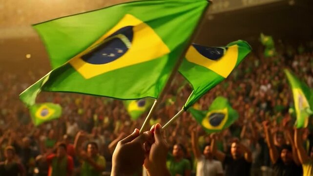Slow Motion Hands Waving Brazilian Green Yellow Flags Stadium Crowd No Faces Cinematic 4K
