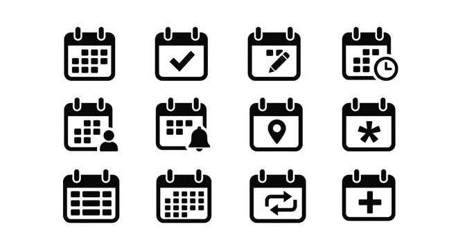 Calendar icon set silhouette appointments events reminders scheduling and organization graphics