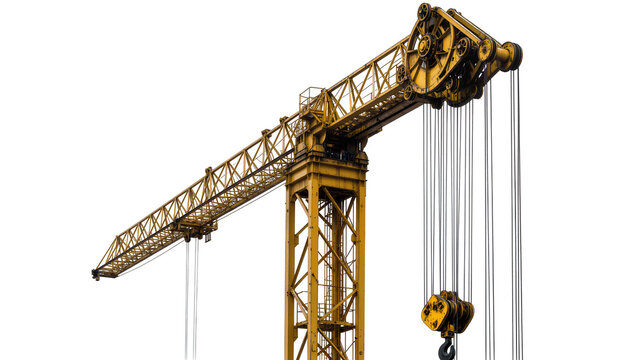 Yellow construction tower crane with steel cables and hook, isolated on transparent background
