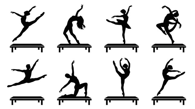 Silhouettes of dancers on trampolines performing various acrobatic poses.