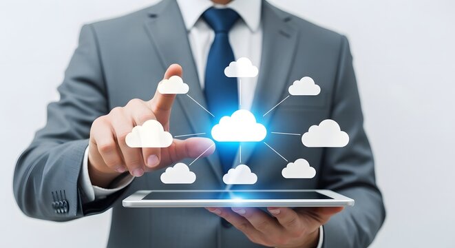 Cloud cost management business professional interacting with cloud computing interface