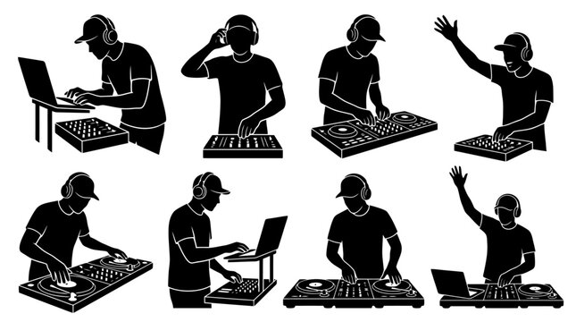 Silhouettes of DJs working at stations.