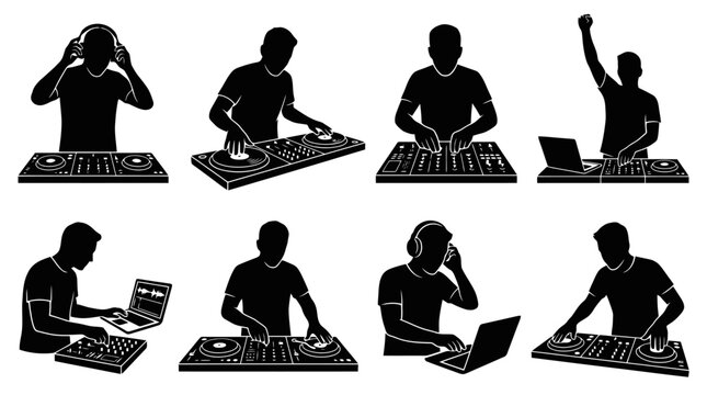 Silhouettes of DJs working at stations.