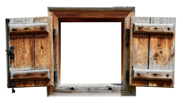 Rustic wooden window frame with open shutters, isolated on transparent background