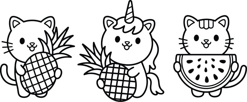 Cute Kawaii Cat and Unicorn Coloring Page Collection Featuring Pineapple and Watermelon Fruit Characters