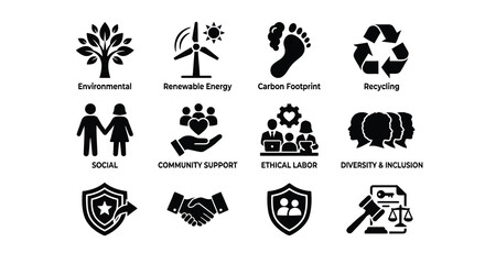 Obraz premium Esg icons set environmental social and governance principles black silhouette vector graphics