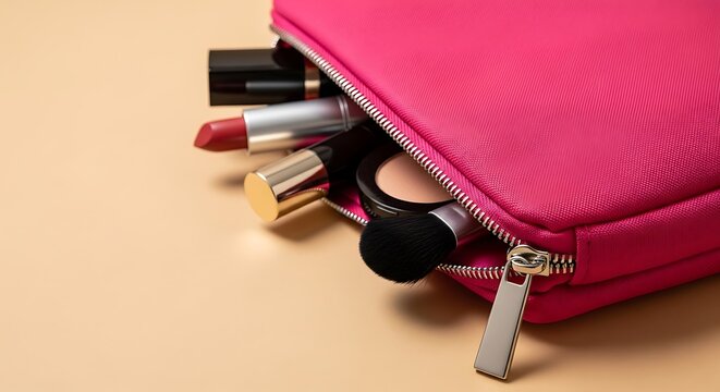 Vibrant pink cosmetic bag spilling out lipsticks, powder, and brush on a neutral surface