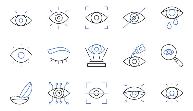 Eye Care and Vision Line Icons Set Eye, Visibility, Blindness, Tears, Contact Lens, Eye Scan, Vision Test Editable Stroke Vector Illustration