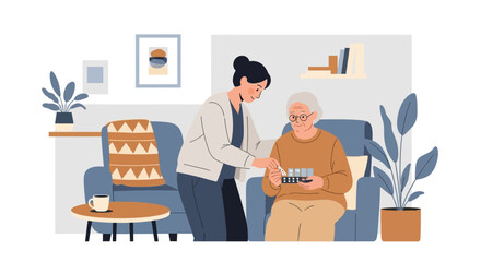 Fototapeta premium Caregiver assisting elderly woman with digital device at home, illustration
