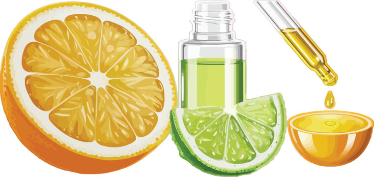 Organic citrus essential oil vector with glass dropper bottle orange slices and lime for natural skin care beauty aromatherapy wellness and healthy lifestyle.
