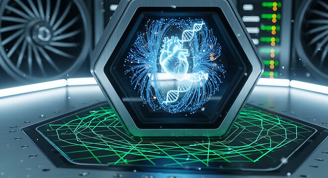 Advanced cybersecurity for medical privacy and HIPAA compliance featuring a holographic heart and DNA helix in a futuristic hightech laboratory