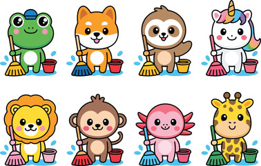 Naklejka premium Cute Cartoon Animal Cleaning Characters Collection Featuring Frog Dog Sloth Unicorn Lion Monkey and Giraffe