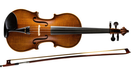 Antique wooden violin with polished finish and horsehair bow, isolated on transparent background © Ruslan