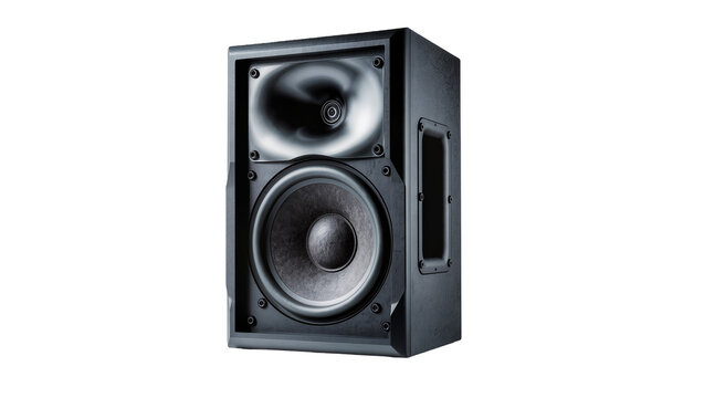 Black professional audio speaker with woofer and tweeter, isolated on transparent background