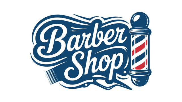 Barbershop Logo Graphic with Blue Waves, White Script Lettering, and a Classic Striped Barber Pole Icon
