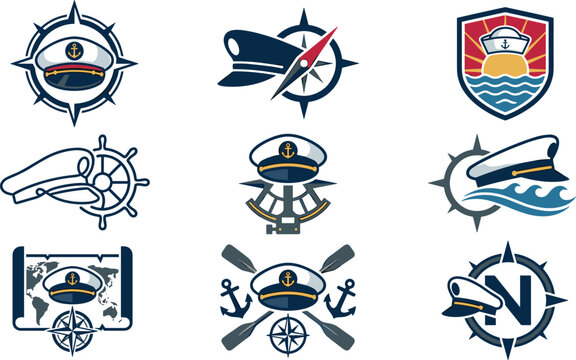 Nautical Captain Hat Badge Set with Compass, Ship Wheel, Anchor, and Map Symbols for Maritime Branding