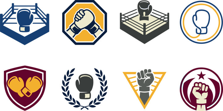 Boxing Gym and Martial Arts Emblem Set with Ring, Glove, Raised Fist, and Laurel Wreath Badges for Fitness Branding