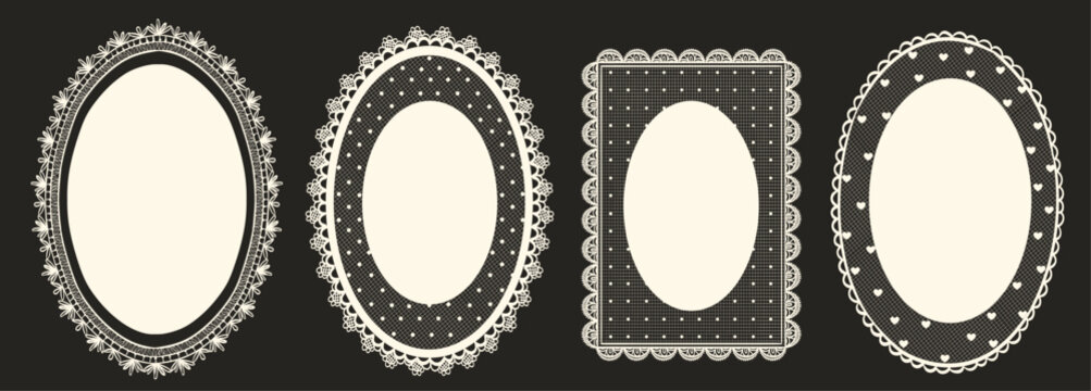 Vintage elegant crochet frame collection. Whimsical oval and rectangular doily napkin in retro style with squiggles. Decorative border for wedding or birthday invitation cards. Design element set.