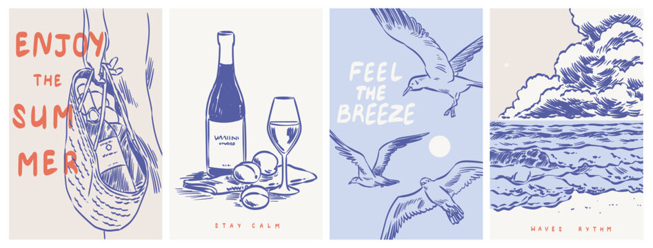 Coastal summer vacation doodle style poster, placard wall art set. Vector ink hand drawn sea, beach, wine, seagulls greeting card print layouts. Mediterranean weekend, beach picnic, wedding collection