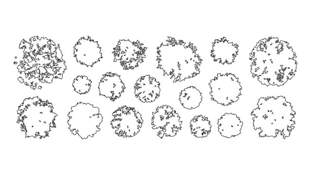 Set of top view trees silhouettes for architectural landscape design and site planning.