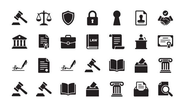 Collection of legal and justice system symbols and law icons with attorney