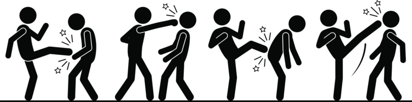 Stick figure martial arts and fighting action sequence showing kicks and punches symbolizing combat, training, and physical movement in minimalist vector illustration