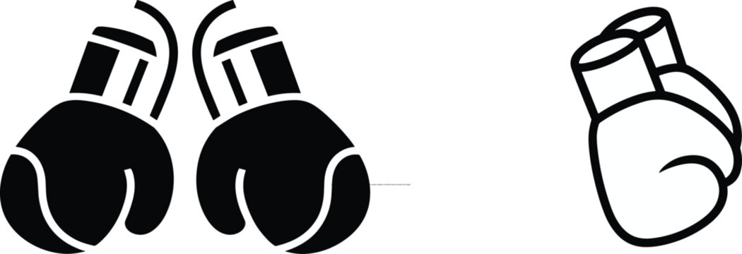 Boxing glove icon set featuring bold and outline styles symbolizing sports, strength, competition, and athletic training in minimalist vector design