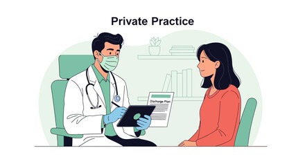 Naklejka premium Medical Consultation Illustration Depicting Doctor and Patient Discussing a Discharge Plan