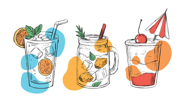Colorful cocktail sketch set: Mojito, ginger lemonade and cherry drink with abstract shape backgrounds. A stylish set of three hand-drawn cocktails featuring bold abstract color blobs in the backgroun