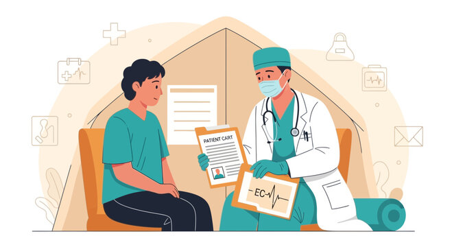 Medical Consultation Illustration Depicting Doctor Examining Patient's EKG Chart And Records