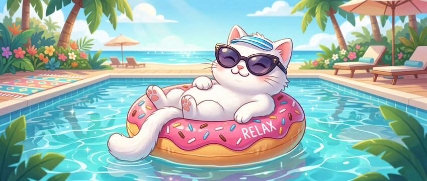  Cute white cartoon cat wearing sunglasses on swimming ring in swimming pool 