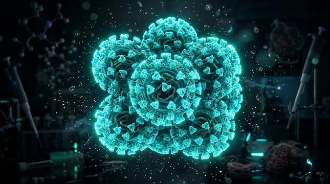 Abstract representation of glowing blue virus cells in a dark, futuristic laboratory setting.