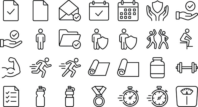 Fitness and gym outline icons set. sport and workout vector collection. healthy lifestyle symbols.