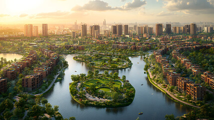 Fototapeta premium Top down city plan layout with zones and color coded areas.