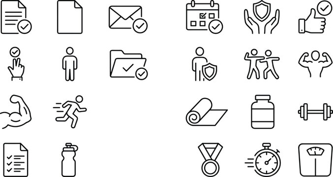 Fitness and gym outline icons set. sport and workout vector collection. healthy lifestyle symbols.