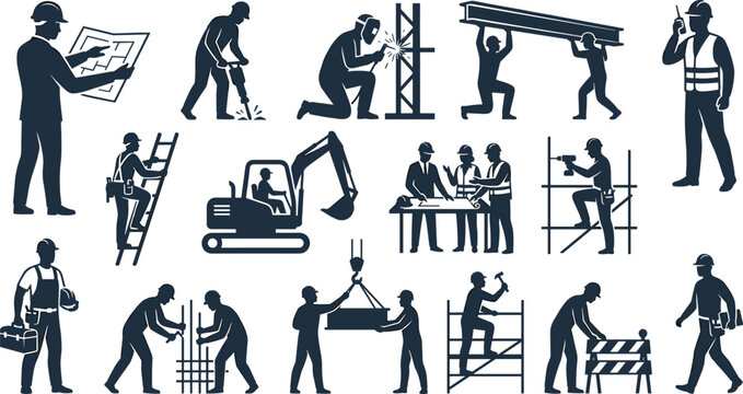 Construction workers silhouettes vector set with industrial builders engineers operating machinery and working on building site structures